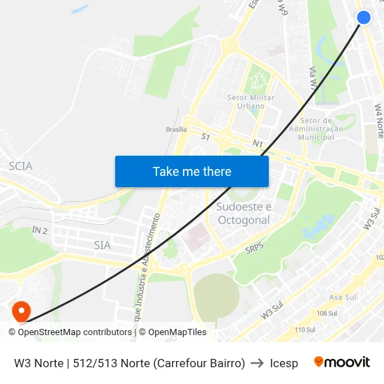 W3 Norte | 512/513 Norte (Carrefour Bairro) to Icesp map