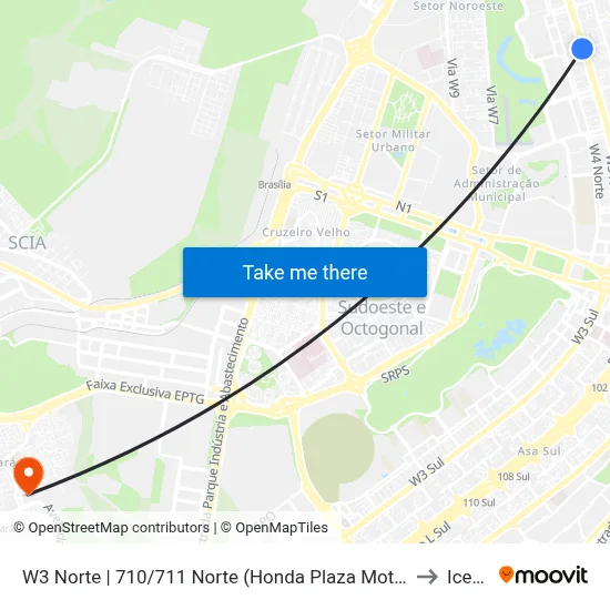 W3 Norte | 710/711 Norte (Honda Plaza Motors) to Icesp map