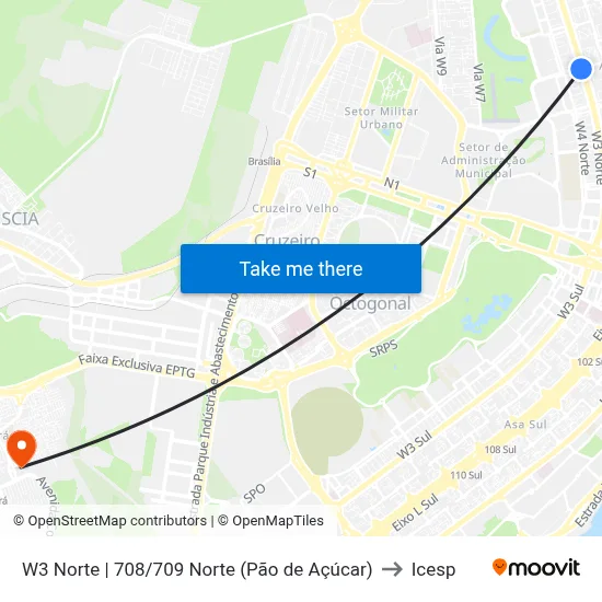 W3 Norte | 708/709 Norte (Pão de Açúcar) to Icesp map