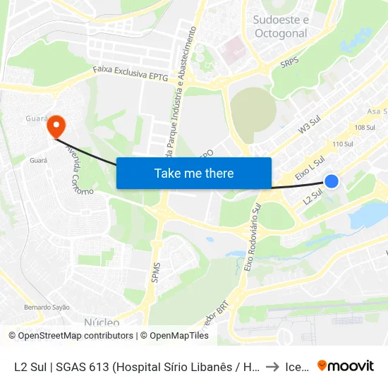 L2 Sul | SGAS 613 (Hospital Sírio Libanês / HOME) to Icesp map