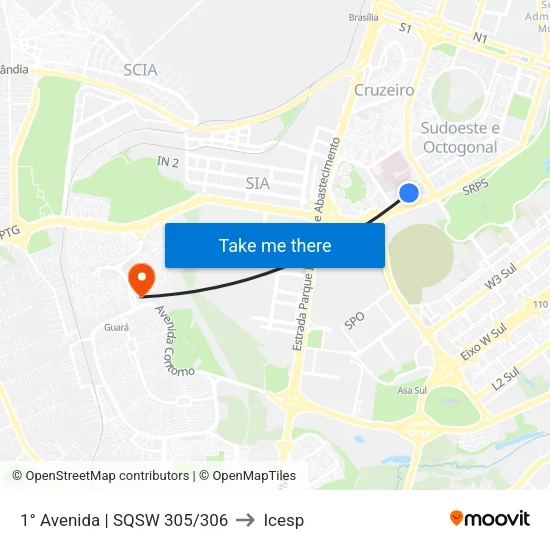 1° Avenida | SQSW 305/306 to Icesp map