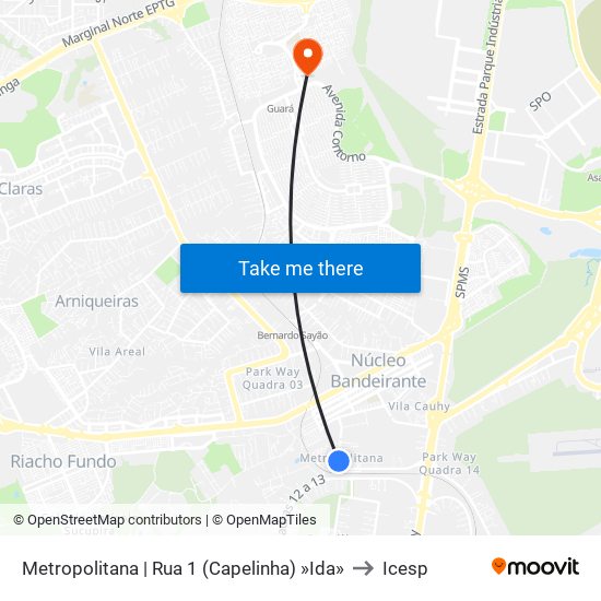 Metropolitana | Rua 1 (Capelinha) »Ida» to Icesp map