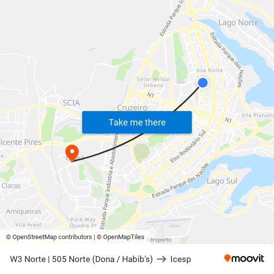 W3 Norte | 505 Norte (Dona / Habib's) to Icesp map