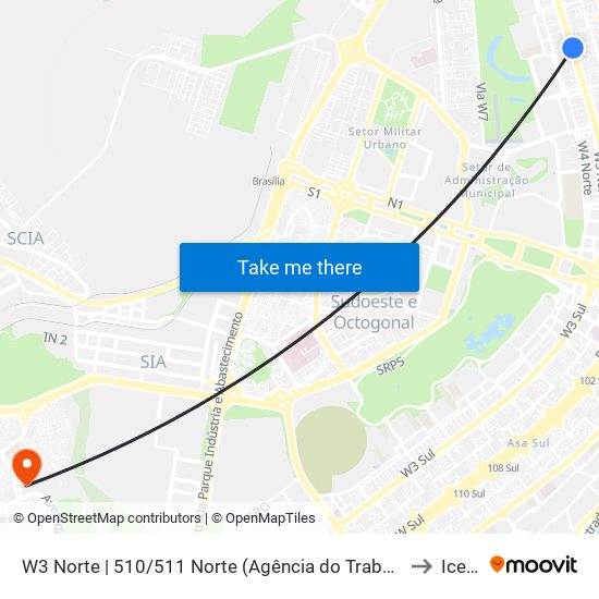 W3 Norte | 510/511 Norte (Agência do Trabalhador) to Icesp map