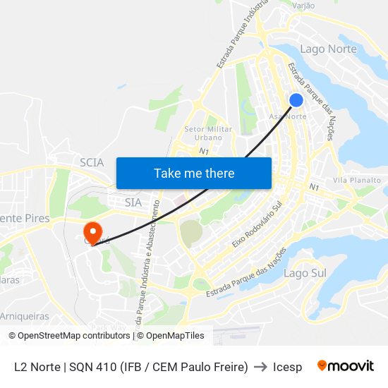 L2 Norte | SQN 410 (IFB / CEM Paulo Freire) to Icesp map