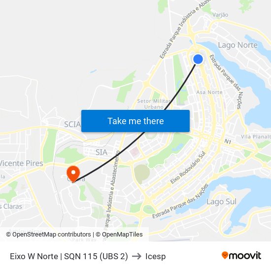 Eixo W Norte | SQN 115 (UBS 2) to Icesp map