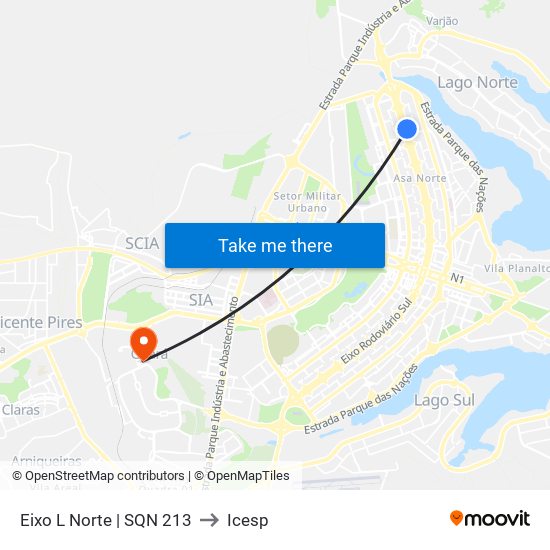 Eixo L Norte | SQN 213 to Icesp map