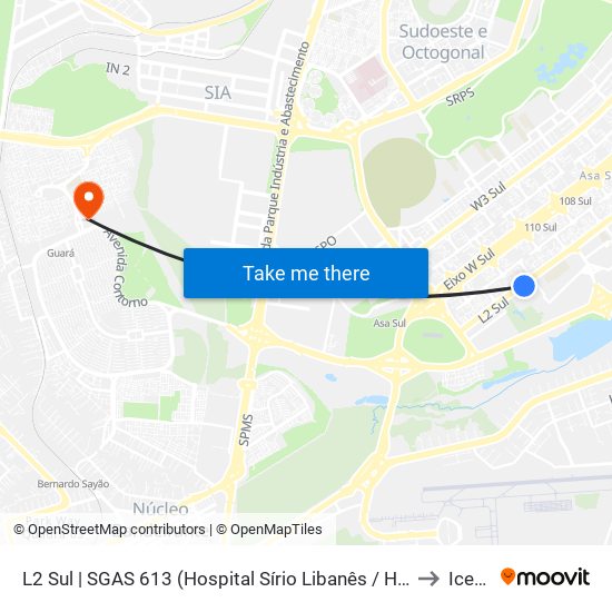 L2 Sul | SGAS 613 (Hospital Sírio Libanês / HOME) to Icesp map