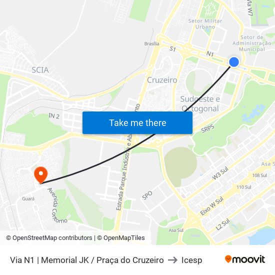 Via N1 | Memorial JK / Praça do Cruzeiro to Icesp map