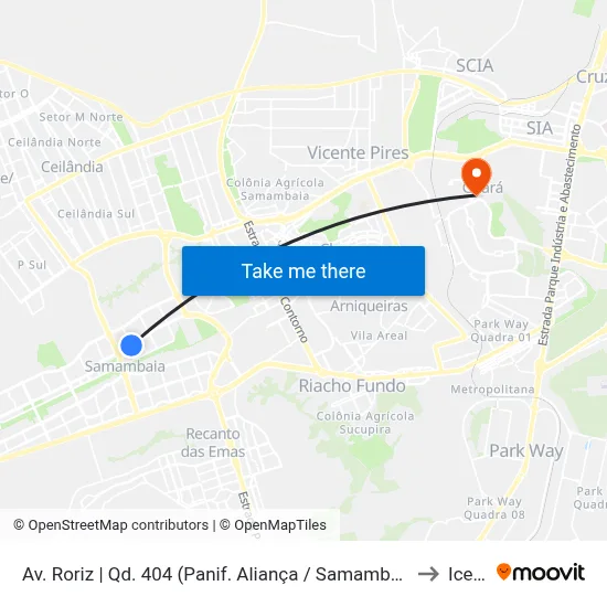 Av. Roriz | Qd. 404 (Panif. Aliança / Samambaia Mall) to Icesp map