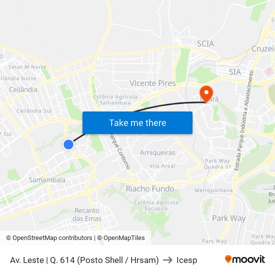 Av. Leste | Q. 614 (Posto Shell / Hrsam) to Icesp map