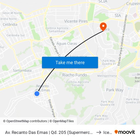 Av. Recanto Das Emas | Qd. 205 (Supermercado Euro) to Icesp map