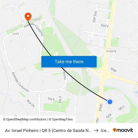 Av. Israel Pinheiro | QR 5 (Centro de Saúde N° 1) to Icesp map