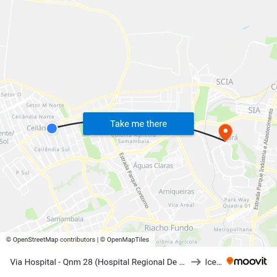 Via Hospital - Qnm 28 (Hospital Regional De Ceilandia) to Icesp map
