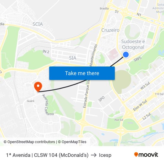 1ª Avenida | CLSW 104 (McDonald's) to Icesp map