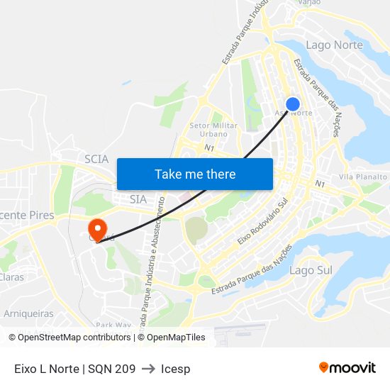 Eixo L Norte | SQN 209 to Icesp map