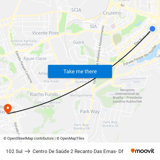 102 Sul to Centro De Saúde 2 Recanto Das Emas- Df map