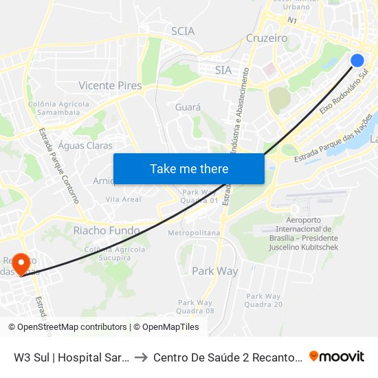 W3 Sul | Hospital SARAH Centro / SRTVS to Centro De Saúde 2 Recanto Das Emas- Df map