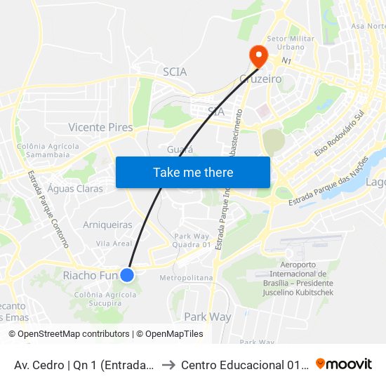 Av. Cedro | Qn 1 (Entrada Do Kanegae) to Centro Educacional 01 Do Cruzeiro map
