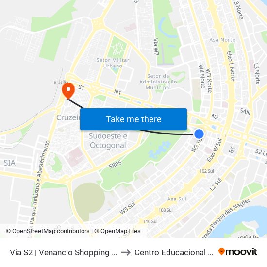 Via S2 | Venâncio Shopping / Pátio Brasil / SHS to Centro Educacional 01 Do Cruzeiro map