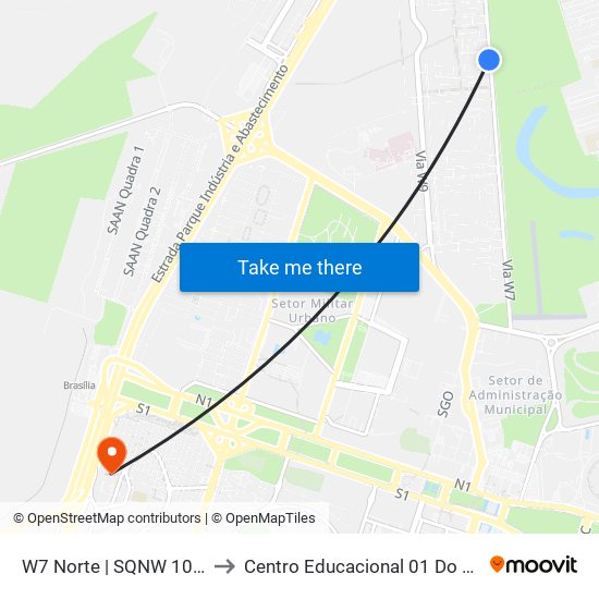 W7 Norte | SQNW 107/108 to Centro Educacional 01 Do Cruzeiro map