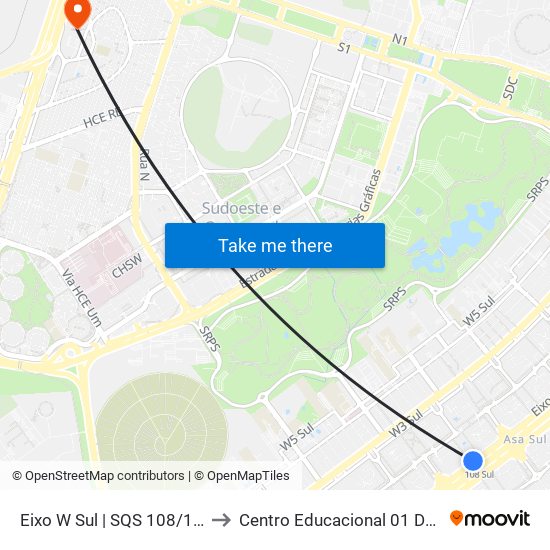 Eixo W Sul | SQS 108/109 (BRT) to Centro Educacional 01 Do Cruzeiro map