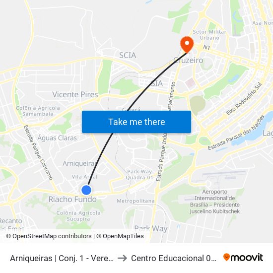 Arniqueiras | Conj. 1 - Veredão (Chác. 56) to Centro Educacional 01 Do Cruzeiro map