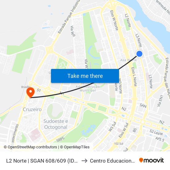 L2 Norte | SGAN 608/609 (IDP / Hospital Santa Marta) to Centro Educacional 01 Do Cruzeiro map