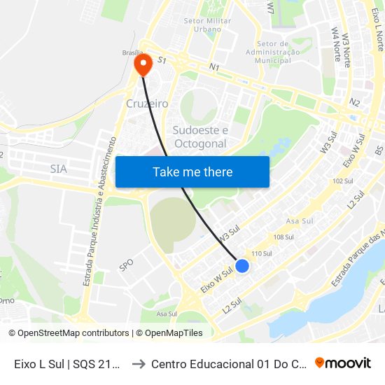 Eixo L Sul | SQS 212/213 to Centro Educacional 01 Do Cruzeiro map