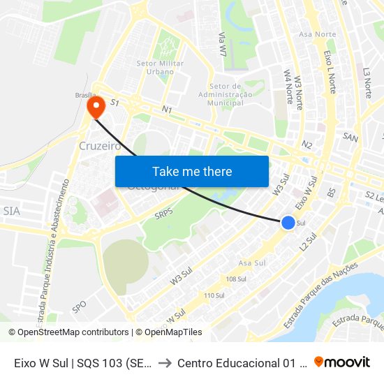 Eixo W Sul | SQS 103 (SEMIURBANO) to Centro Educacional 01 Do Cruzeiro map