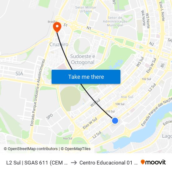 L2 Sul | SGAS 611 (CEM Setor Leste) to Centro Educacional 01 Do Cruzeiro map