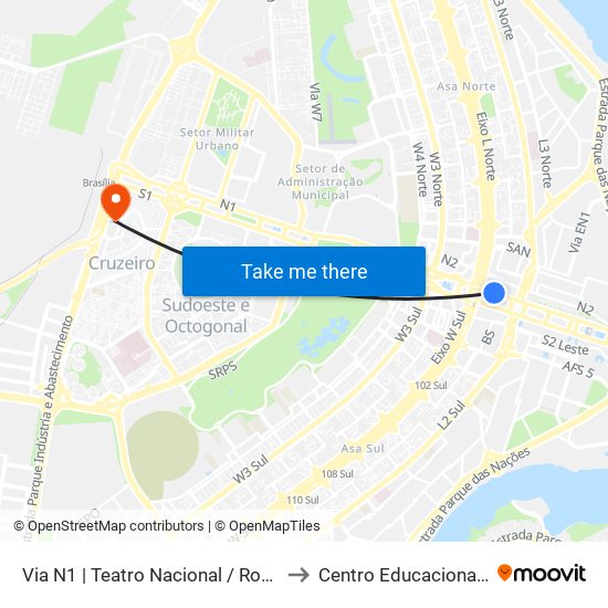 Via N1 | Teatro Nacional / Rodoviária do Plano Piloto to Centro Educacional 01 Do Cruzeiro map