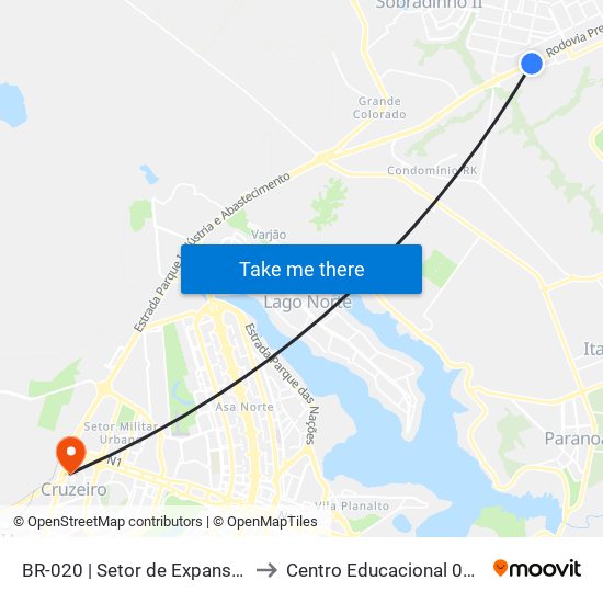 BR-020 | Setor de Expansão Econômica to Centro Educacional 01 Do Cruzeiro map