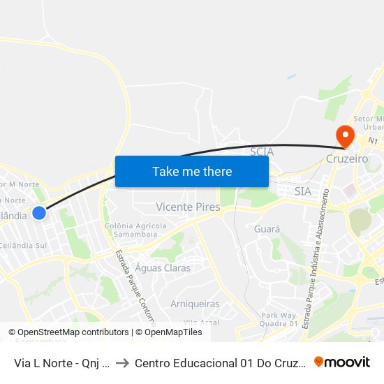 Via L Norte - Qnj 52 to Centro Educacional 01 Do Cruzeiro map