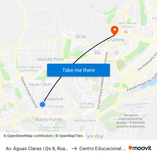Av. Águas Claras | Qs 8, Rua 210 (Drogaria Phd) to Centro Educacional 01 Do Cruzeiro map