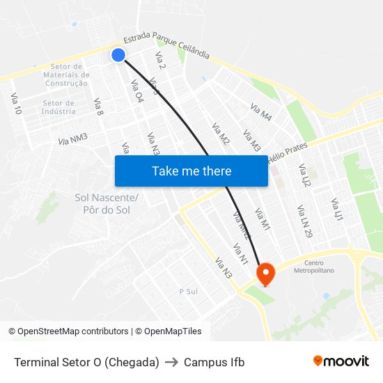 Terminal Setor O (Chegada) to Campus Ifb map