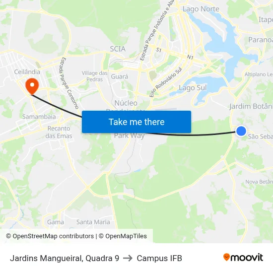 Jardins Mangueiral, Quadra 9 to Campus IFB map