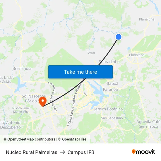 Núcleo Rural Palmeiras to Campus IFB map