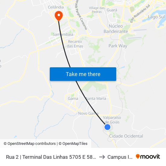 Rua 2 | Terminal Das Linhas 5705 E 5821 to Campus Ifb map