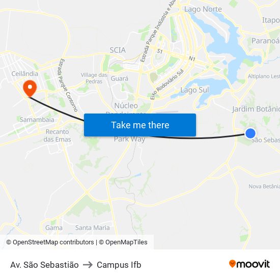 Av. São Sebastião to Campus Ifb map