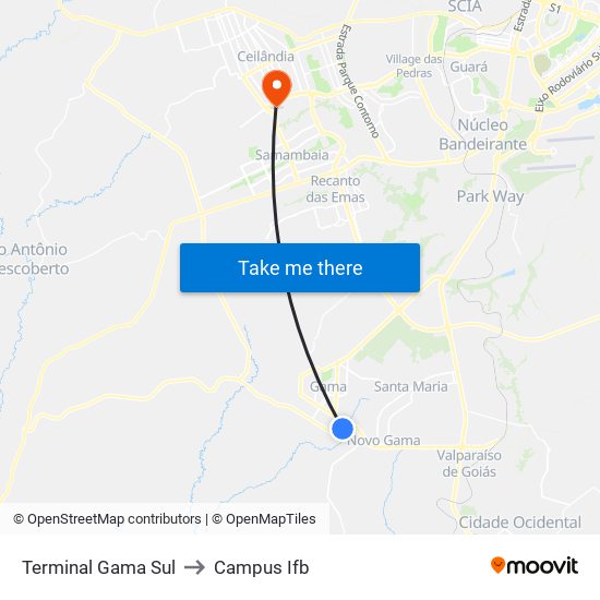 Terminal Gama Sul to Campus Ifb map