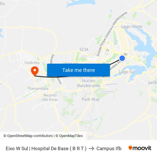Eixo W Sul | Hospital De Base ( B R T ) to Campus Ifb map