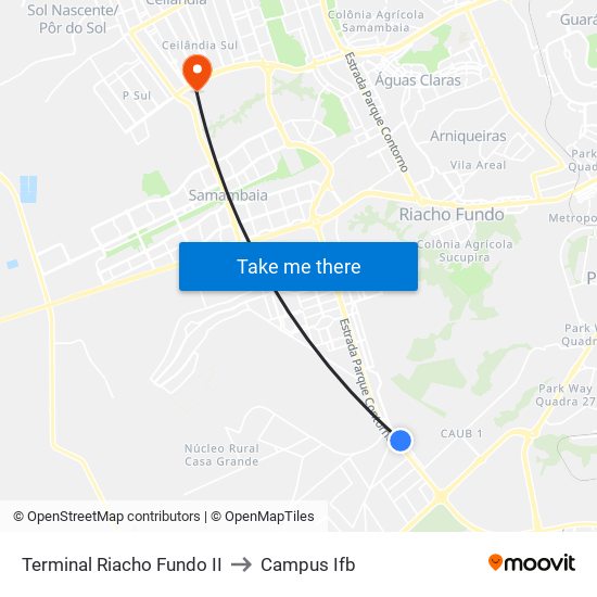 Terminal Riacho Fundo II to Campus Ifb map