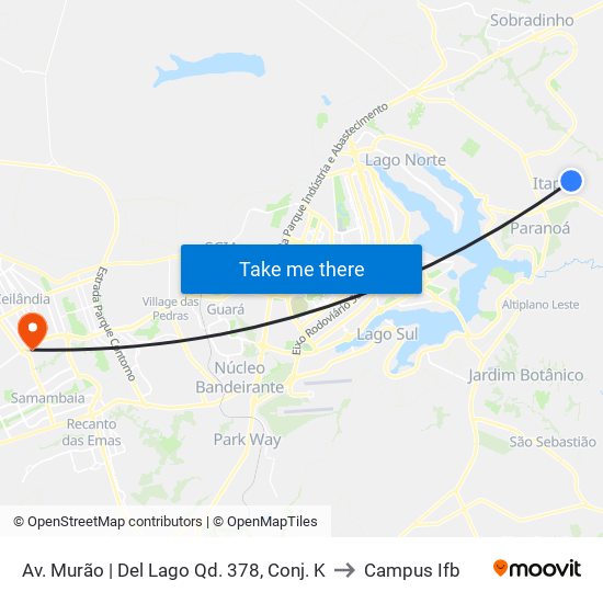 Av. Murão | Del Lago Qd. 378, Conj. K to Campus Ifb map