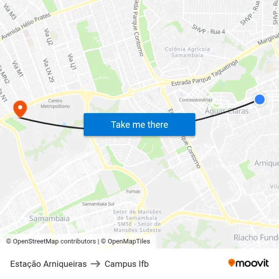 Estação Arniqueiras to Campus Ifb map