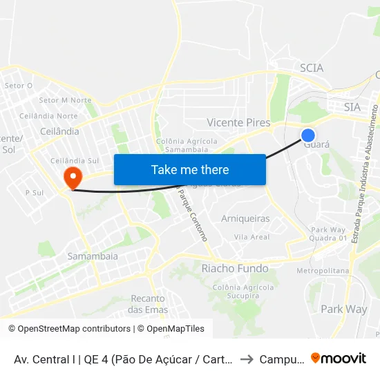 Av. Central l | QE 4 (Pão De Açúcar / Cartório / Correios) to Campus Ifb map