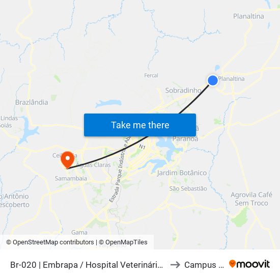 Br-020 | Embrapa / Hospital Veterinário Upis to Campus Ifb map