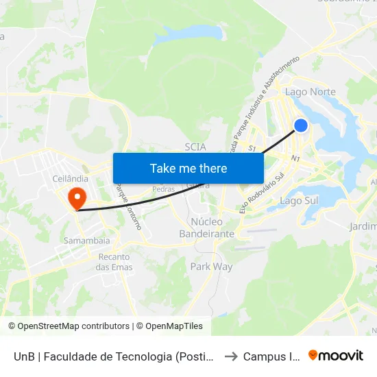 UnB | Faculdade de Tecnologia (Postinho) to Campus IFB map