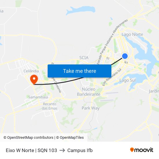 Eixo W Norte | SQN 103 to Campus Ifb map