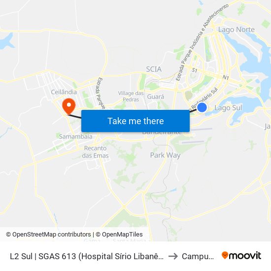 L2 Sul | SGAS 613 (Hospital Sírio Libanês / HOME) to Campus Ifb map